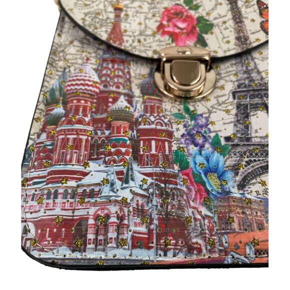 Paris & Moscow Map Print Crossbody Bag With Eiffel Tower & St. Basil's Cathedral - Picture 3 of 11